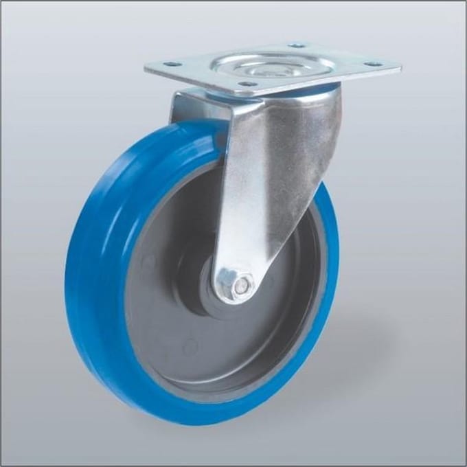 Blauw elastisch rubber zwenkwiel met topplaat - 100mm - 130kg