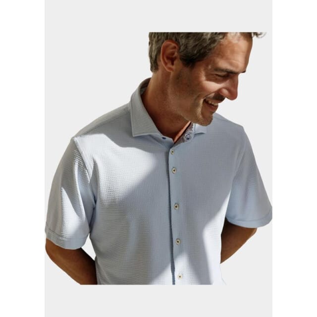 R2 Short Sleeve Overhemd Seersucker Lichtblauw - Maat M - Heren - Overhemden Formeel