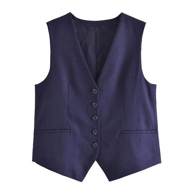 Willshela Damesmode Solid Single Breasted Vest Vintage V-hals Mouwloos Vrouwelijke Chic Lady Tank Tops S black