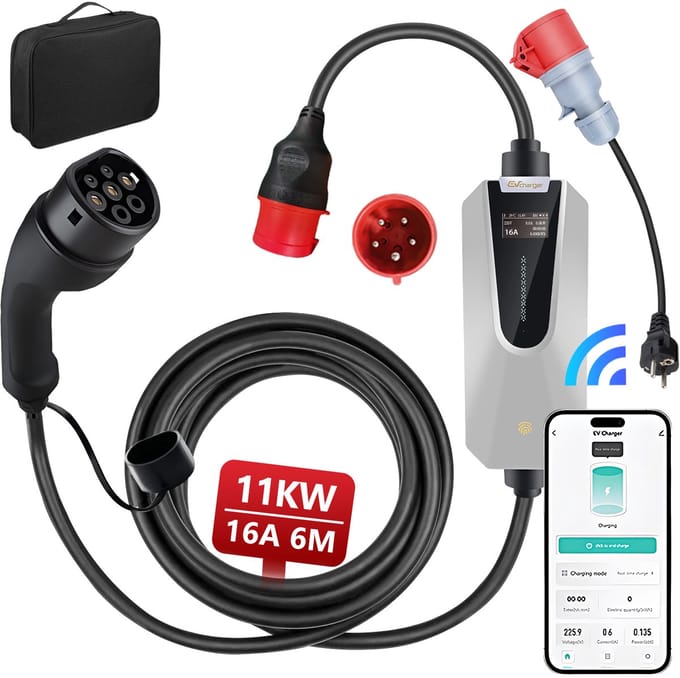 Hexinex - Mobiele Thuislader 11kW - CEE naar Type 2 stekker EV oplader - 6 meter Laadkabel - 6A/8A/10A/13A/16A Huidige instelling - 3 fase