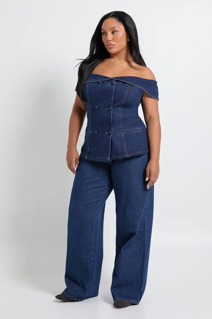 boohoo Dames Plus Bardot Button Down Denim Top | Indigo | Maat: 24