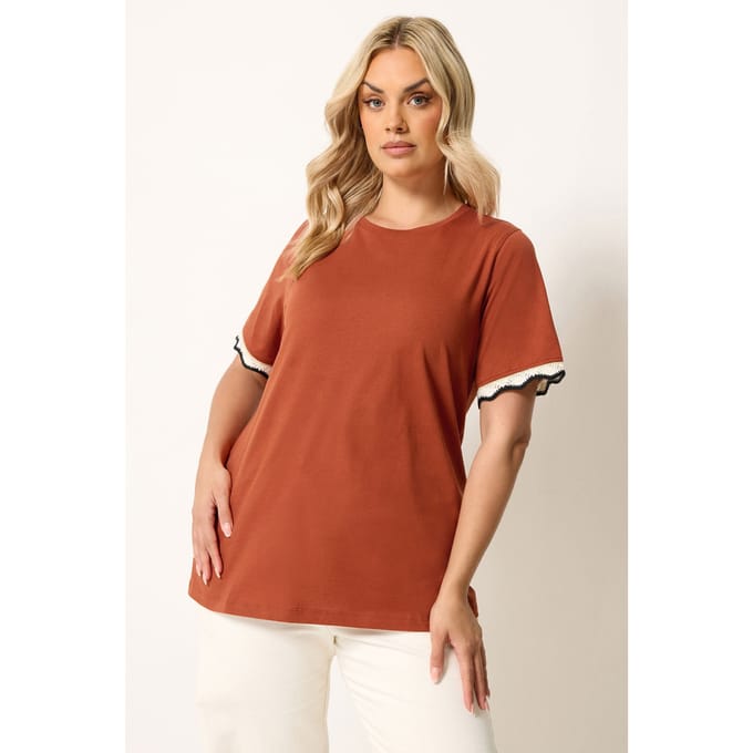 Yours Gebrand Oranje Metallic Tshirt Met Gehaakte Rand Size 50-52