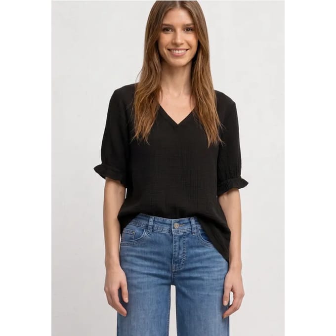 Blouse met korte mouwen, V-hals en ruches