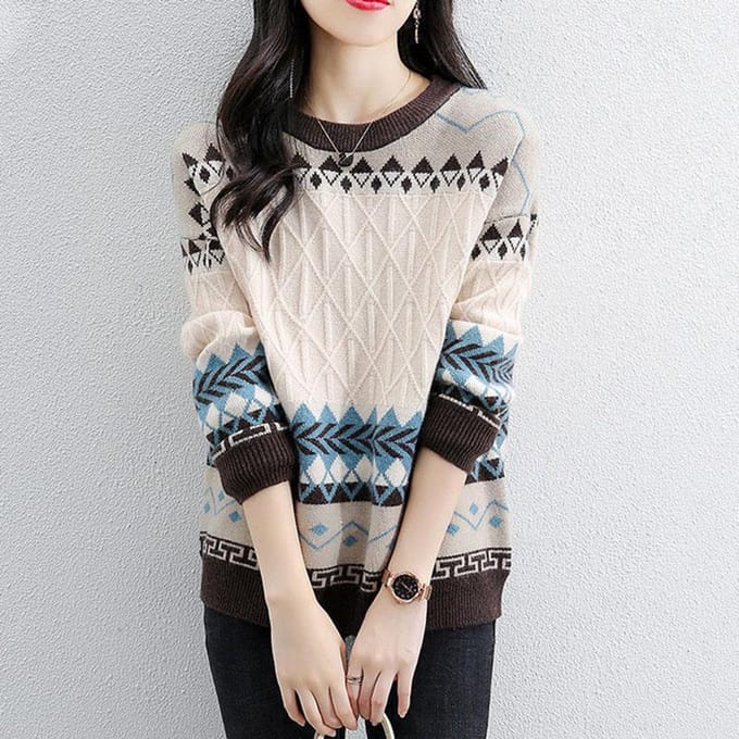 Pull en tricot pour femme, haut ample à col rond, tendance, pull en treillis, automne et hiver S marron