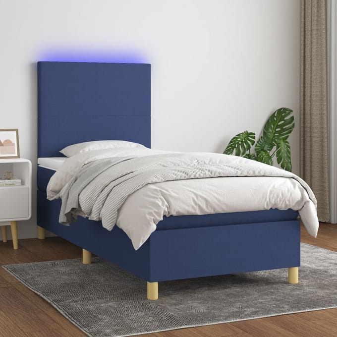 vidaXL - Boxspring - met - matras - en - LED - stof - blauw - 80x200 - cm