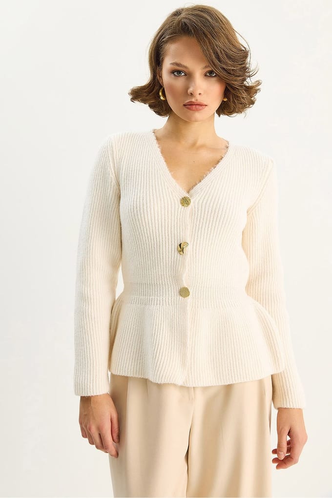 Geribbelde Lange Mouwen V-Hals Cardigan met Knopen