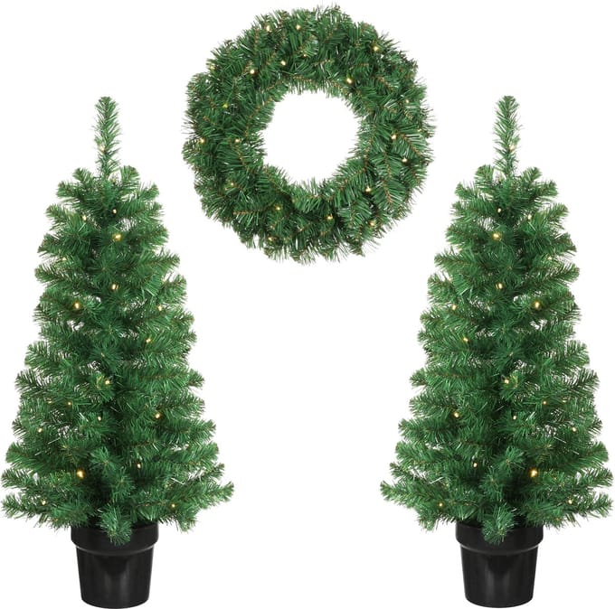 Black Box Trees Norton Kerstboom en Kerstkrans Set - 2 Kunstkerstbomen en 1 Krans met LED Verlichting - Groen