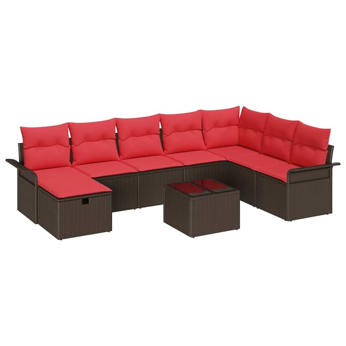 vidaXL - Tuinbank - Set - 9 - st - Bruin - en - Rood - poly - rattan