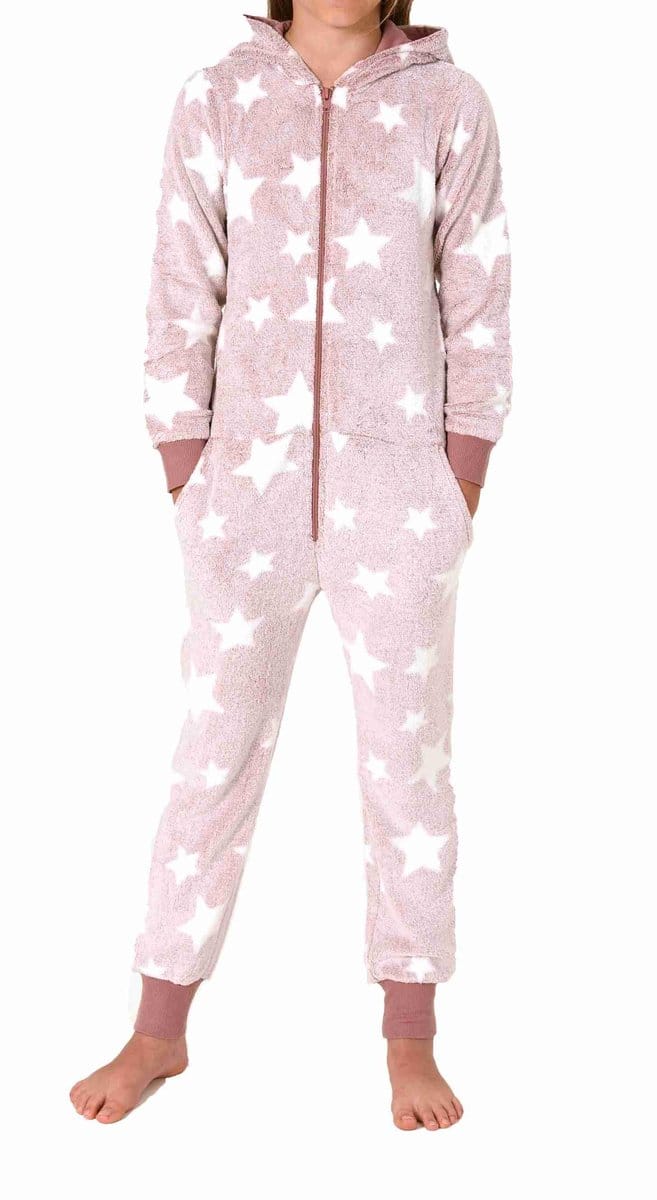 Meisjespyjama jumpsuit in sterdessin van behaaglijk warm koraalfleece