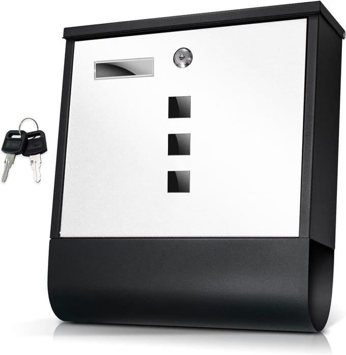 Design Letter Box Stainless Steel with Newspaper Compartment - Lockable - Black and White - Window Name Tag