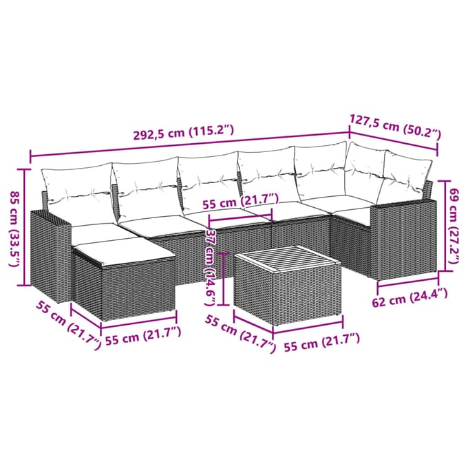vidaXL 8-delige Loungeset met kussens poly rattan beige