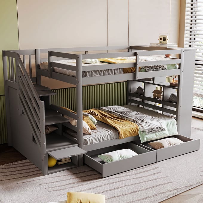 MODFU Ledikant 90x200 cm – grijs hout – stapelbed met veiligheidstrap, 2 lades en groot bergvak