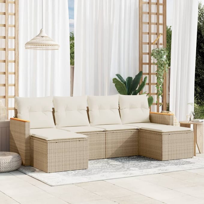 vidaXL - 6-delige - Loungeset - met - kussens - poly - rattan - beige