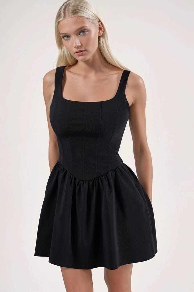 Vierkante Kraag A-Form Mini Jurk