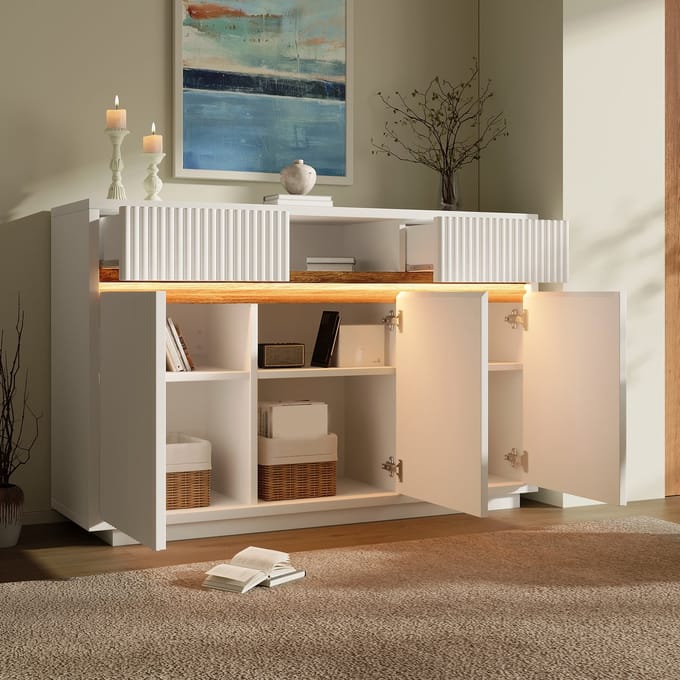 REDOM Dressoir - Opbergruimte met LED - Modern - Woonkamer - MDF en Spaanplaat - Wit - 140 x 40 x 85 cm