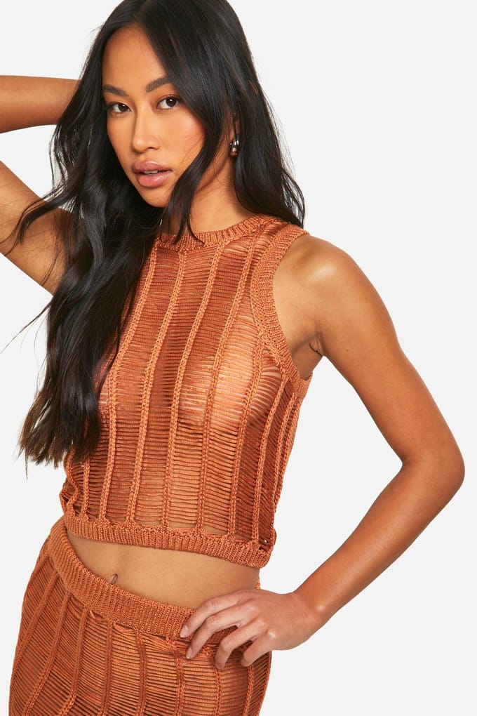 boohoo Dames Ladder Stitch Racer-top en Maxi Rok Gebreide Set | Roest | Maat: Medium