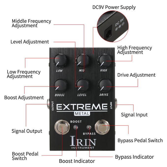 IRIN Distortion Gitaar Effectpedaal Draagbare Gitaar Effector met LOW/MID/HIGH Frequentie Boost zwart