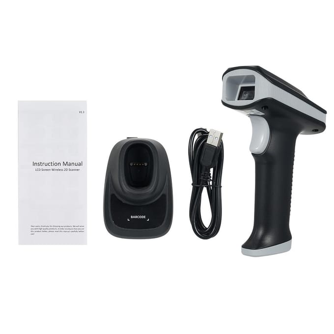 2D 1D QR Barcode Scanner met Scherm en Laadstation  BT & 2,4 GHz Draadloze Verbinding zwart