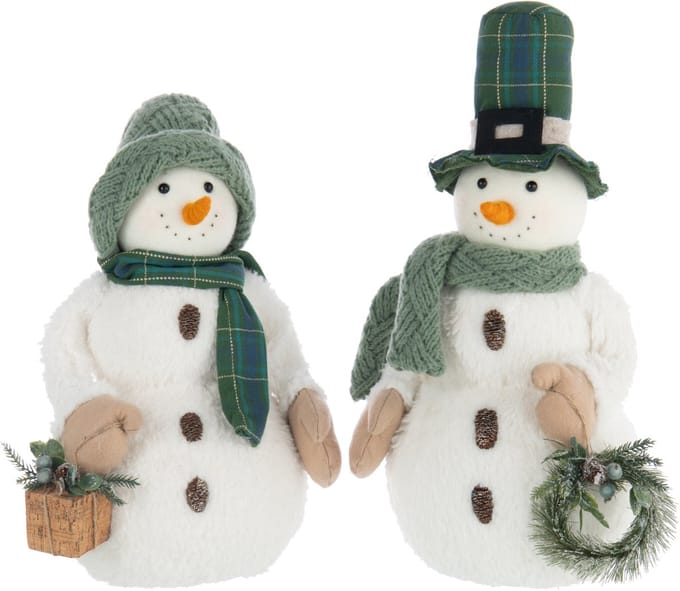 J-Line figuur Sneeuwman Jongen + Girl - polyester - wit/donkergroen - 2 stuks