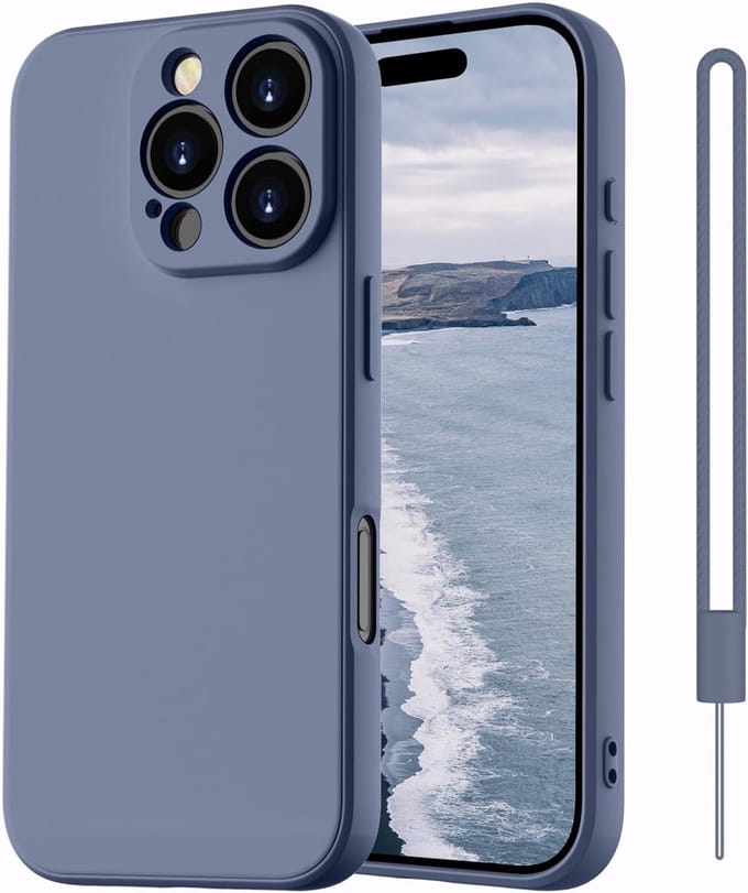 Dunne silicone hoes voor iPhone 16 Pro met microfiber, krasbestendig en camera bescherming, blauw/grijs
