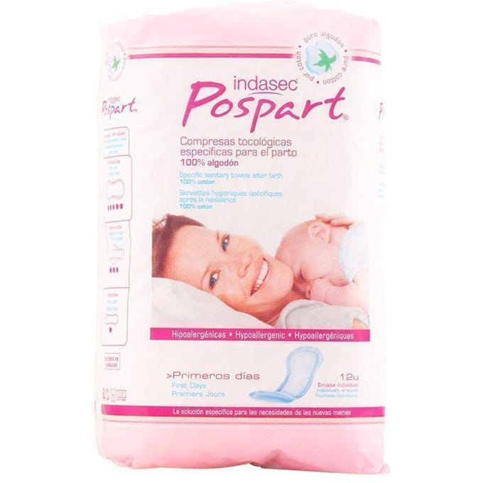 Indasec Pospart Compresses Tocologiques 100% Coton 12 Unités white