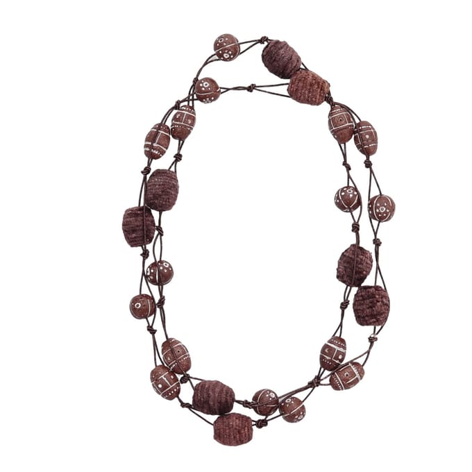 Behave – Boho damesketting – Bruine houten kralen & velours – 100 cm