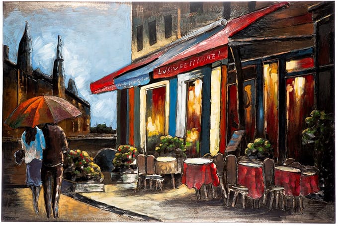 Metalen schilderij romantisch cafe - 3x120x80 cm- multi muurdecoratie 3d