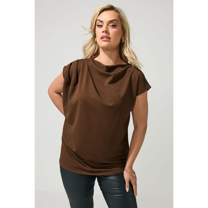 Yours London Chocoladebruine Top Met Gedrapeerde Schouder Size 48
