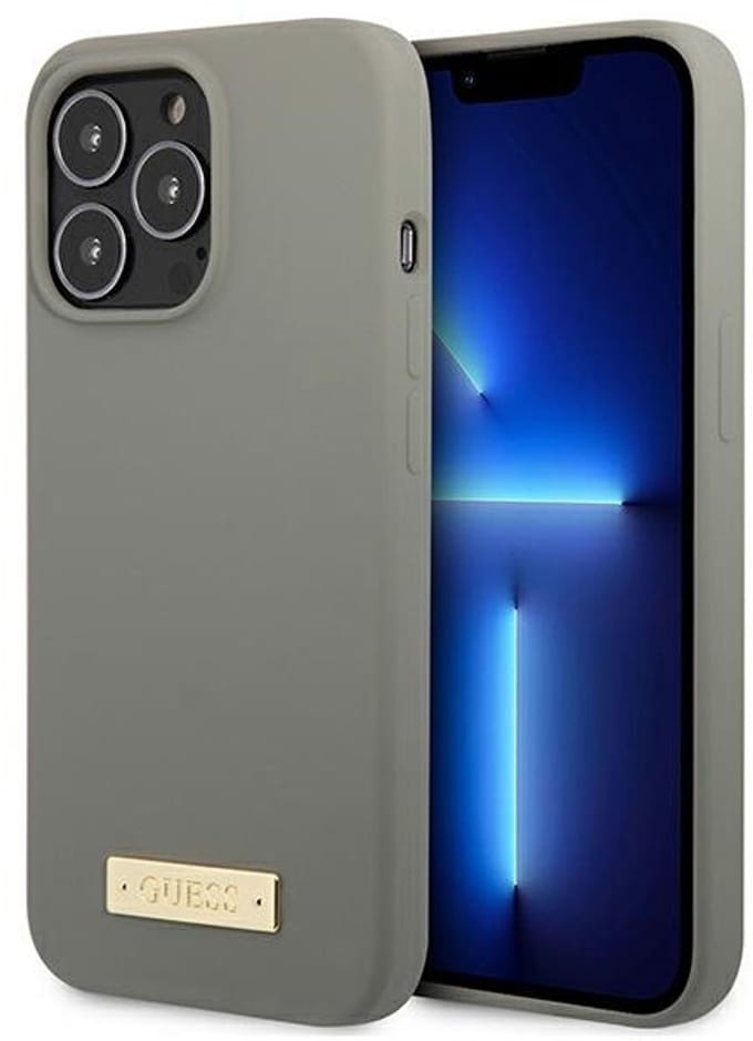GUESS GUHMP13LSPLG iPhone 13 Pro / 13 6.1" grey/grey hard case Silicone Logo Plate MagSafe