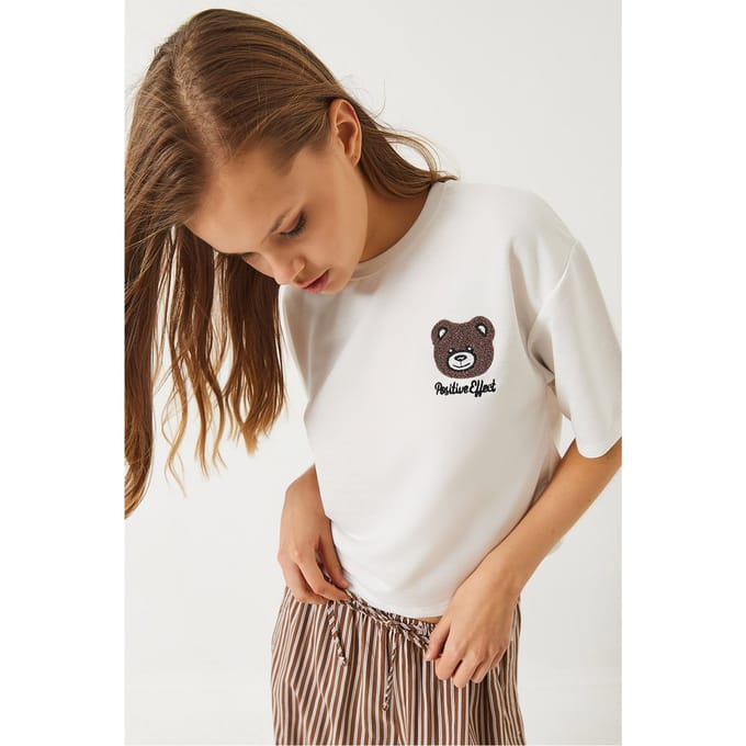 Geborduurd Crop T-shirt met Ronde Hals