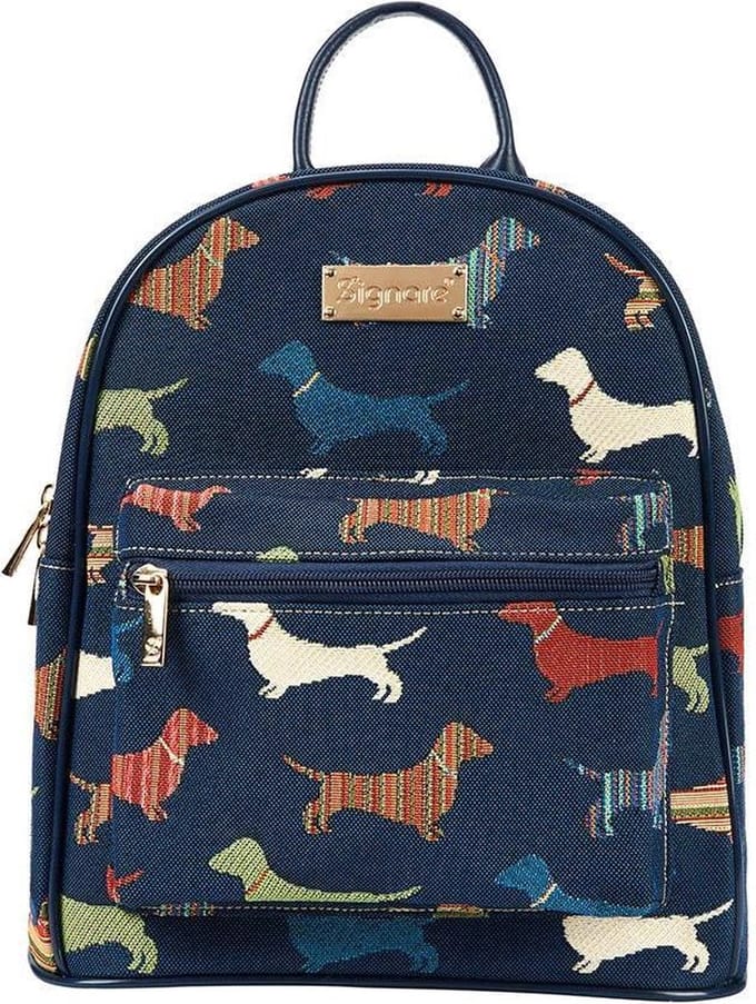 Daypack - rugtas - Rugzak - Gobelinstof - Dachshund - Teckel - Hond - Blauw