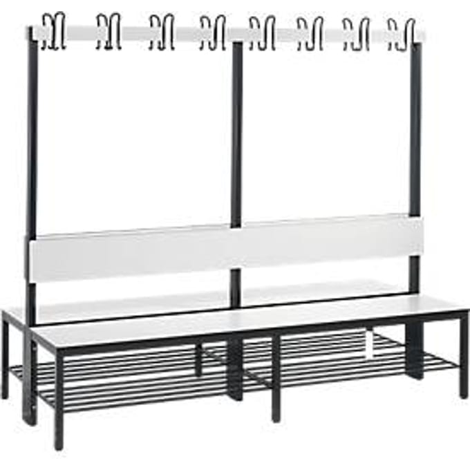 Garderobebank Basic Plus, 2-zijdig, rugleuning, met schoenenrek, basisframe zwart-grijs RAL 7021, B 1960 mm, decor wit