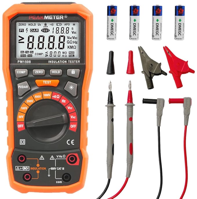Digitale megohmmeter voor isolatieweerstand, 1000 V AC/DC, tot 100 GΩ met PI/DAR, frequentie- en laagspanningstest, groot LCD-display