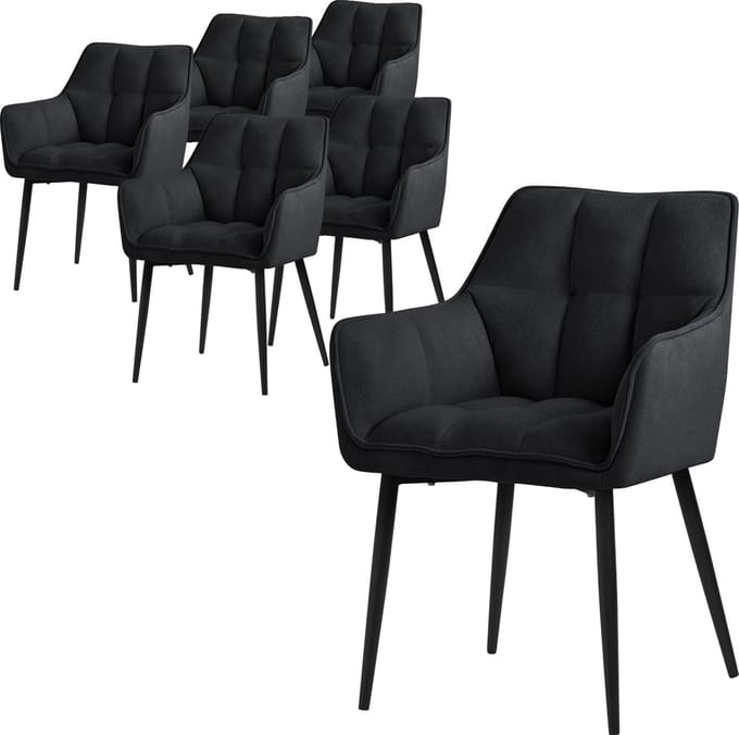 ML-Design eetkamerstoelen set van 2 gemaakt van badstof, zwart, keukenstoel met dikke gestoffeerde zitting & metalen poten, woonkamerstoel met rugleuning en armleuningen, ergonomische loungestoel