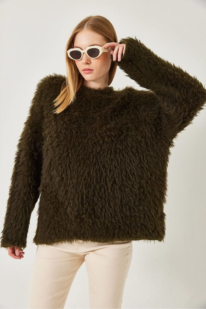 Oversized Getextureerde Breisweater met Pluchen Detail