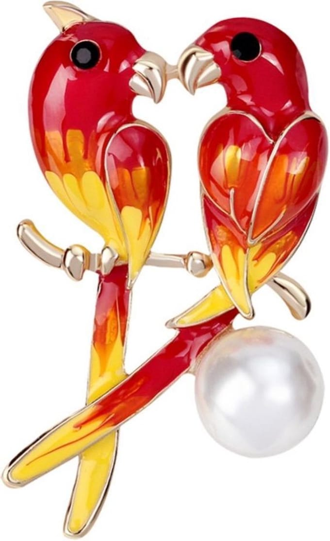 Fako Bijoux® - Broche - Vogel - Parkieten Met Parel - 45x26mm - Rood/Geel