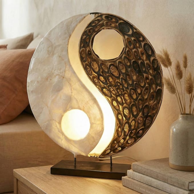 Woru Ying Yang tafellamp van natuurlijke materialen, 30 cm