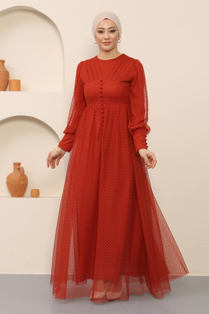 Knoop Detailed Tule Avondjurk Terracotta