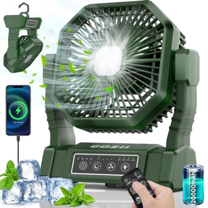 Campingventilator met 20000 mAh accu, tafelventilator, USB ventilator, LED-licht, 4 snelheden, timer en afstandsbediening