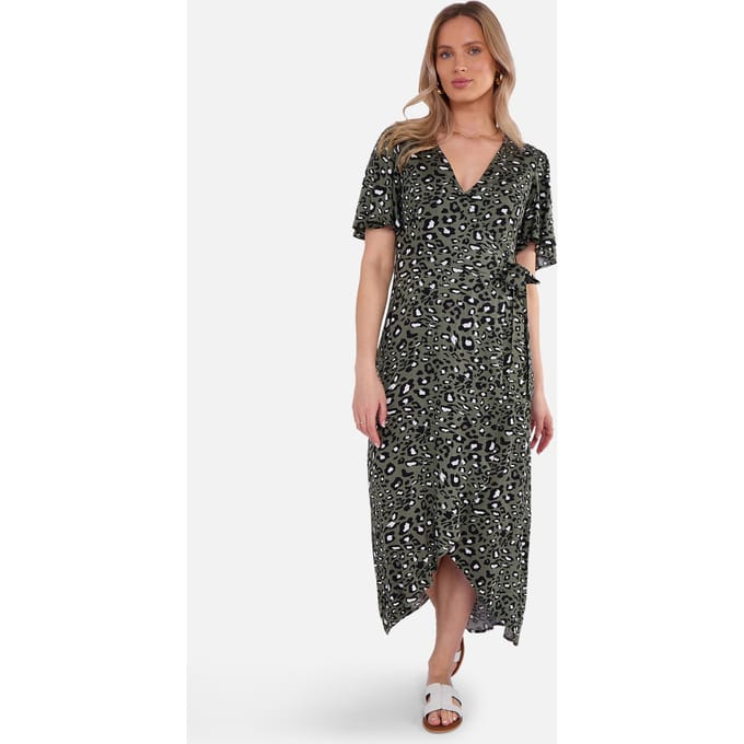 Khaki dierenprint viscose wikkel midi jurk