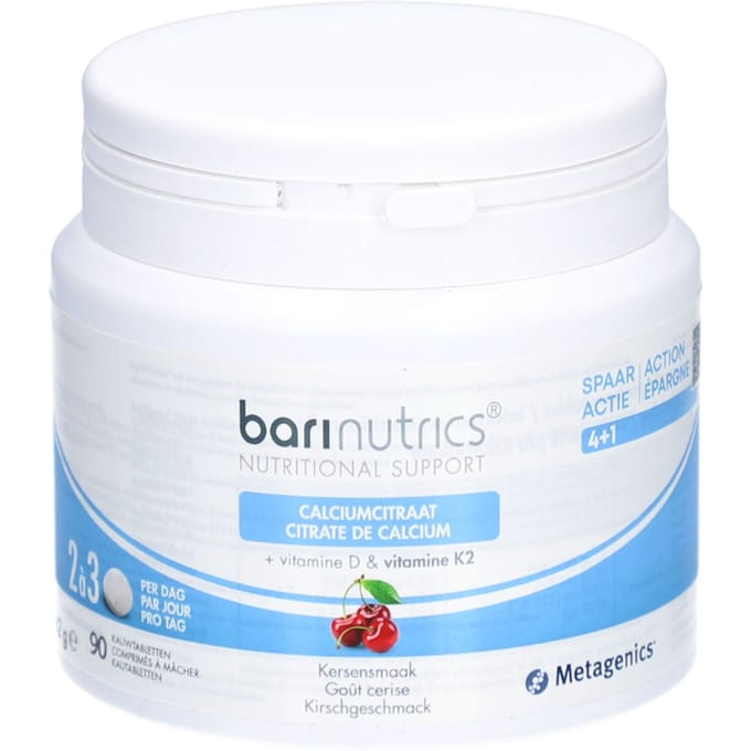 BariNutrics Calciumcitraat + K2 Kerssmaak 90 Kauwtabletten