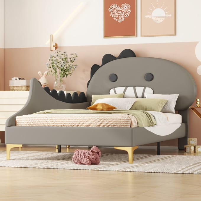 REDOM Kinderbed 90x200 cm van PU/MDF – Met cartoon dinosaurushoofdeinde – Grijs