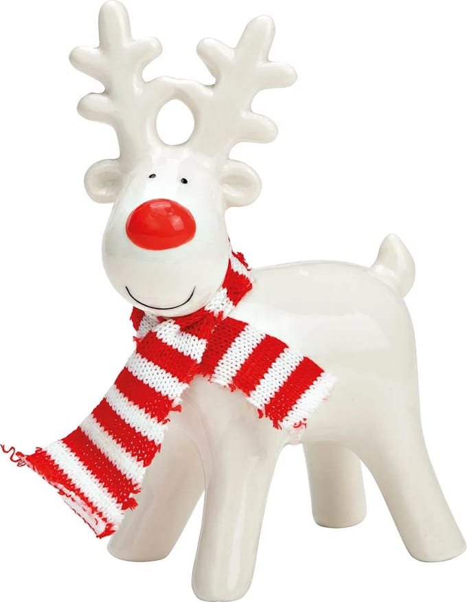 Beeldje kerst eland wit met gestreepte sjaal 13cm