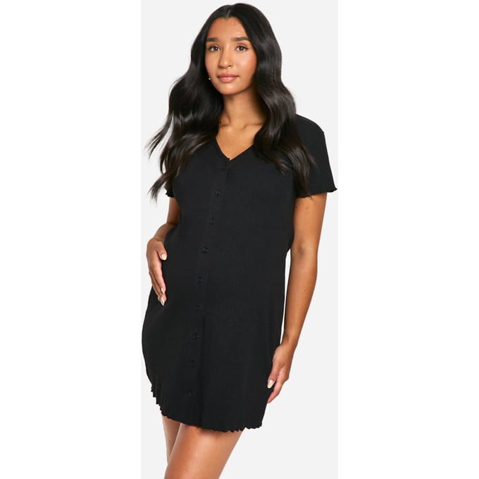 boohoo Dames Zwangerschaps Geribbeld Nachthemd met Knoopsluiting | Zwart | Maat: 40
