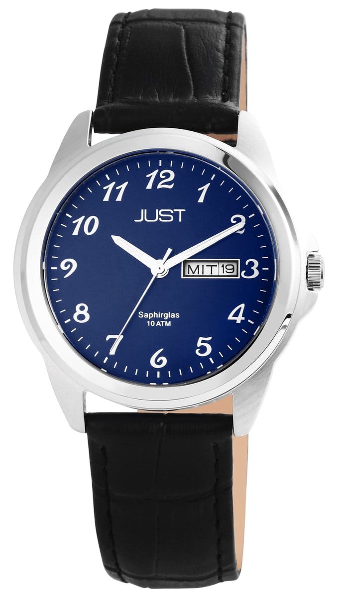 JUST Herenhorloge Echt leer Garrick, zilverkleurig, datumweergave