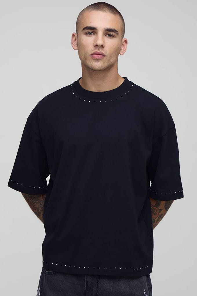 Oversized Boxy T-shirt met strassdetails | Black | Size Medium