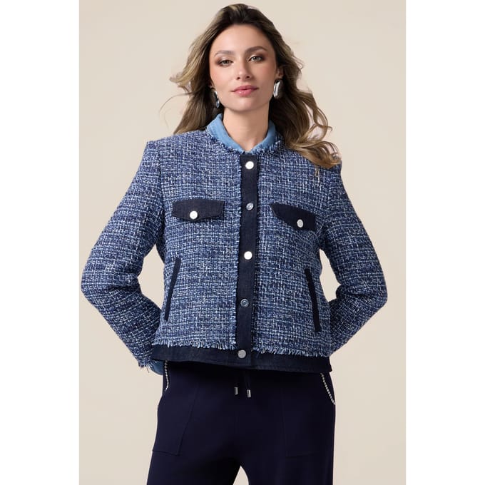 Oltre Tweed Jacket With Denim Details Blue Größe: 48 | Cropped-Jacken Outlet | Damen | Blau