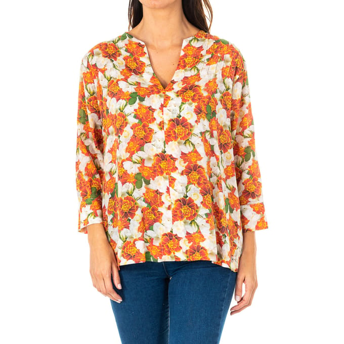 Damesblouse met 3/4 mouwen, ronde hals en V-opening LWU001