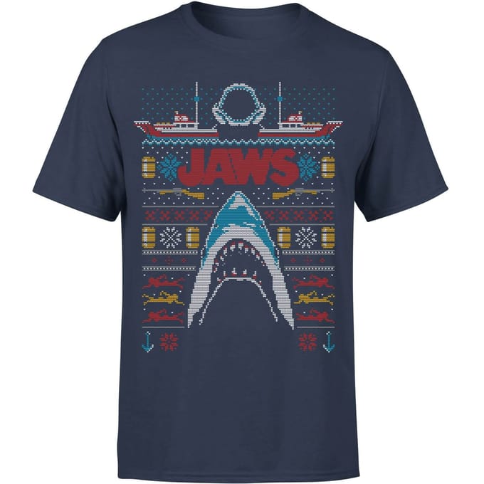 Jaws Fairisle Men's Christmas T-Shirt - Navy - L