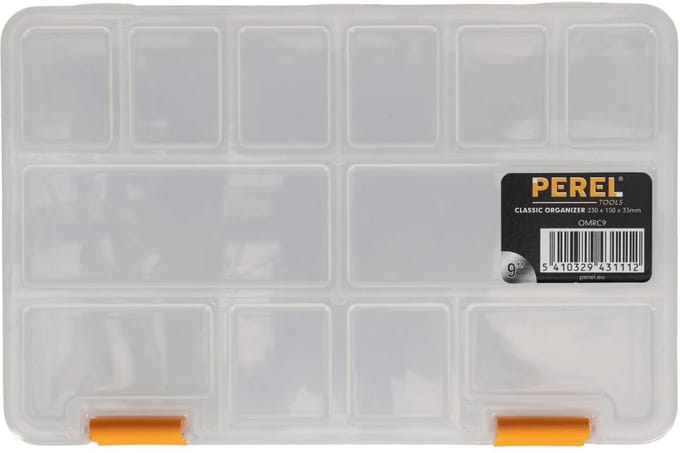 Perel assortimentsdoos, 15 vaste compartimenten, stapelbaar, 230 x 150 x 33 mm, transparant/geel